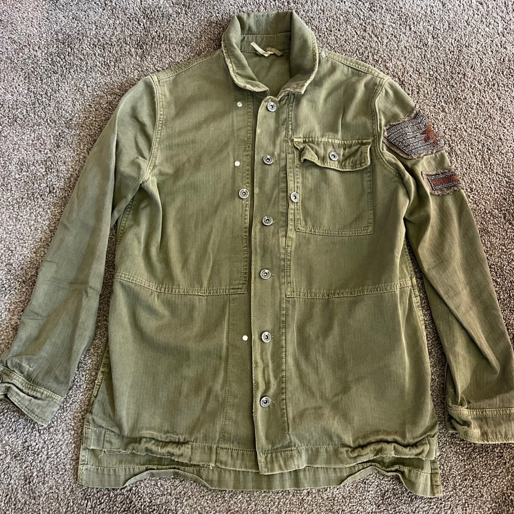Free People Olive Green Military Style Jacket Beaded Patches Cotton Utility SM‎